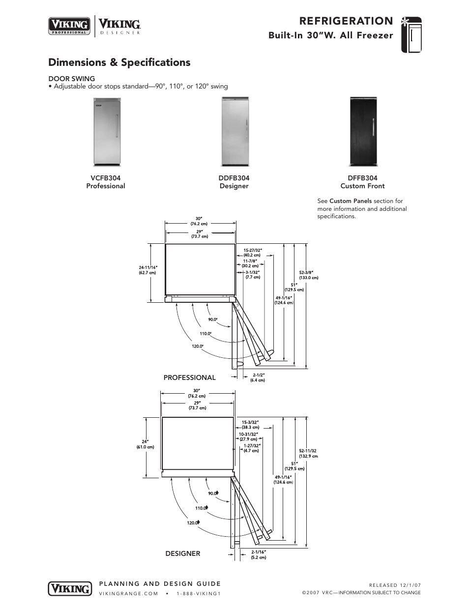 Refrigeration, Dimensions & specifications, Built-in 30”w. all freezer | Dffb304 custom front, Professional designer | Viking DFFB User Manual | Page 3 / 9