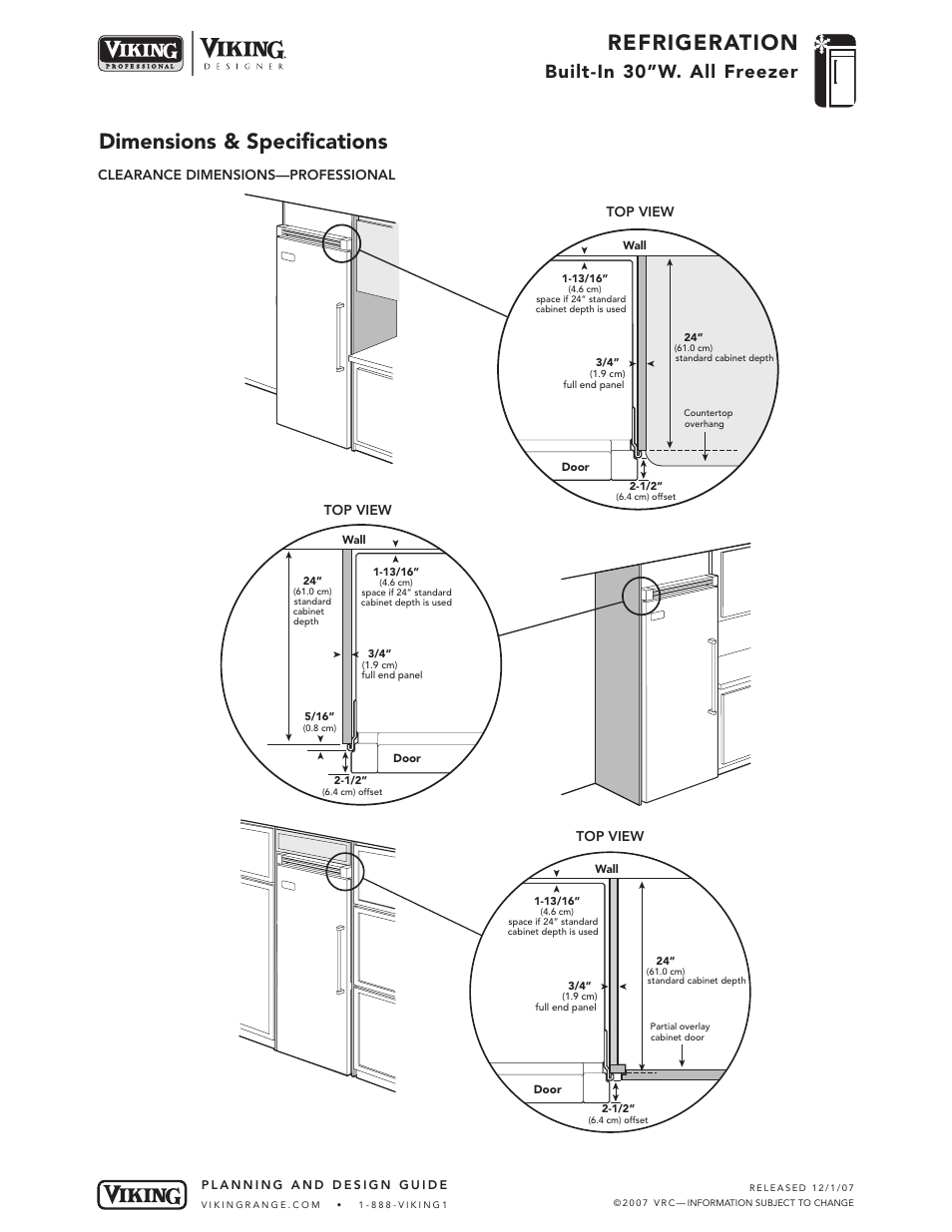 Refrigeration, Dimensions & specifications, Built-in 30”w. all freezer | Viking DFFB User Manual | Page 4 / 9