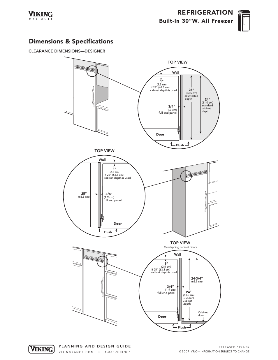 Refrigeration, Dimensions & specifications, Built-in 30”w. all freezer | Viking DFFB User Manual | Page 5 / 9