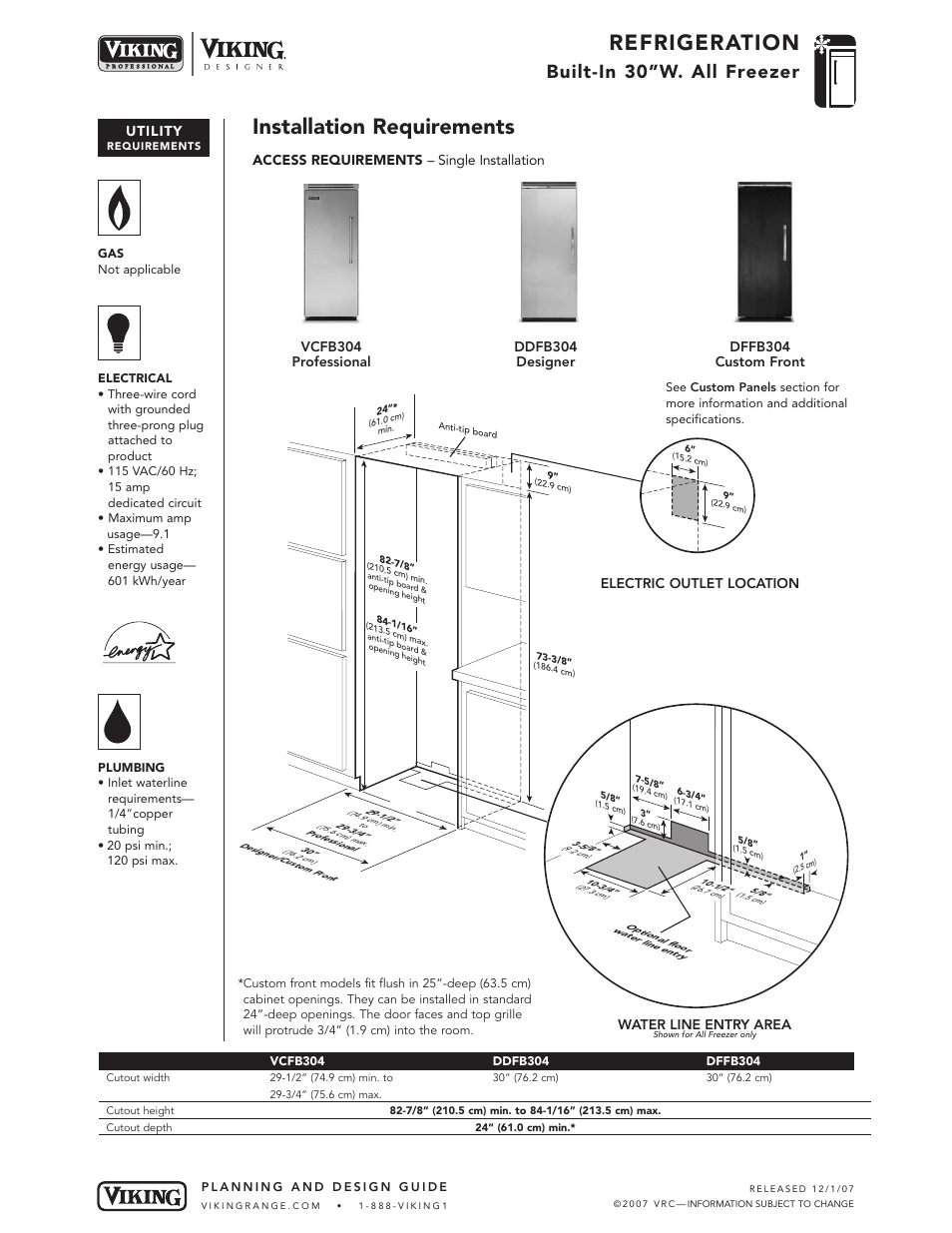 Refrigeration, Installation requirements, Built-in 30”w. all freezer | Water line entry area, Utility, Access requirements – single installation, Electric outlet location | Viking DFFB User Manual | Page 6 / 9