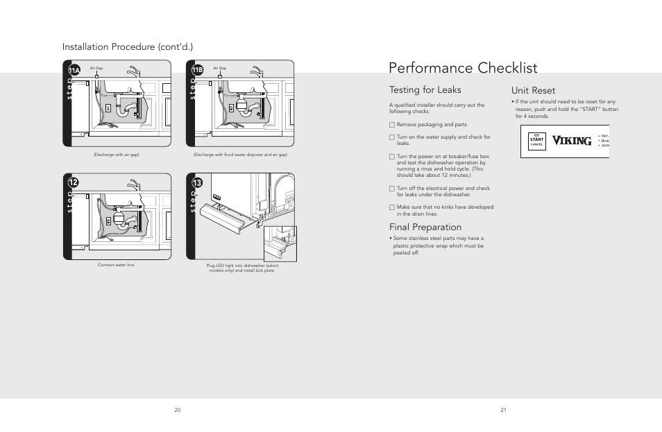 Performance checklist, Installation procedure (cont’d.), Testing for leaks | Final preparation, Unit reset | Viking 325E User Manual | Page 11 / 12