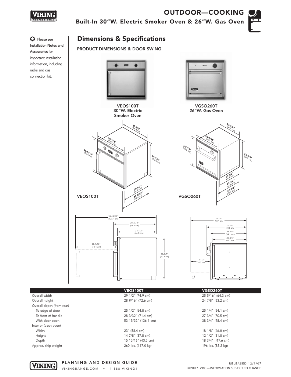 Outdoor—cooking, Dimensions & specifications | Viking VGSO100T User Manual | Page 2 / 5