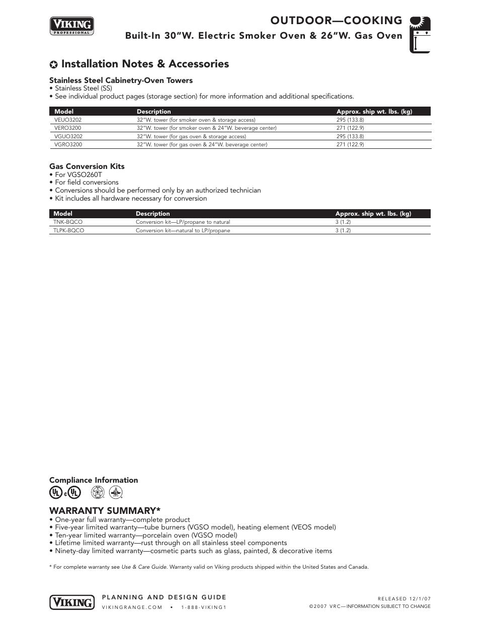 Outdoor—cooking, Warranty summary | Viking VGSO100T User Manual | Page 5 / 5