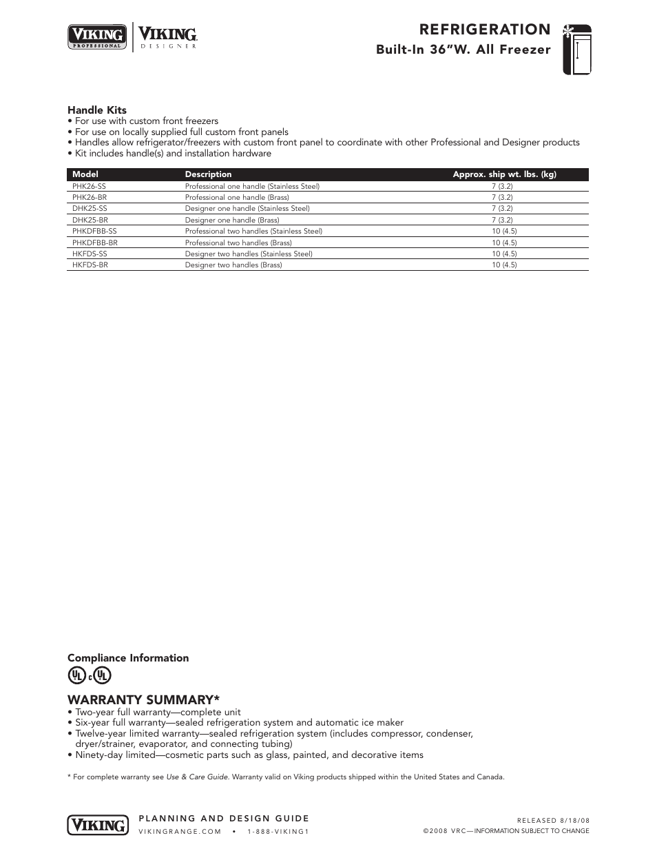 Refrigeration, Built-in 36”w. all freezer, Warranty summary | Handle kits, Compliance information | Viking DFFB364 User Manual | Page 10 / 10