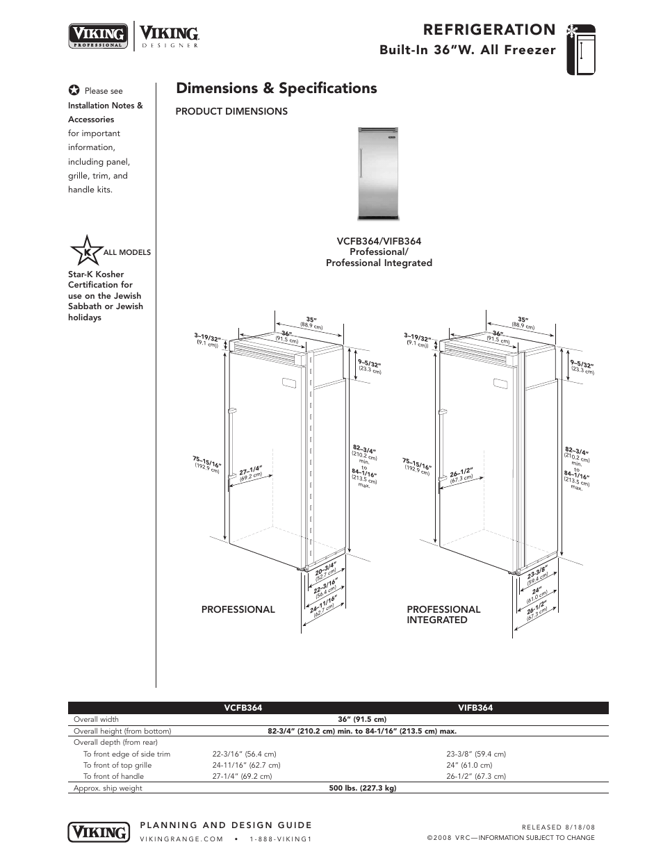 Refrigeration, Dimensions & specifications, Built-in 36”w. all freezer | Product dimensions | Viking DFFB364 User Manual | Page 2 / 10