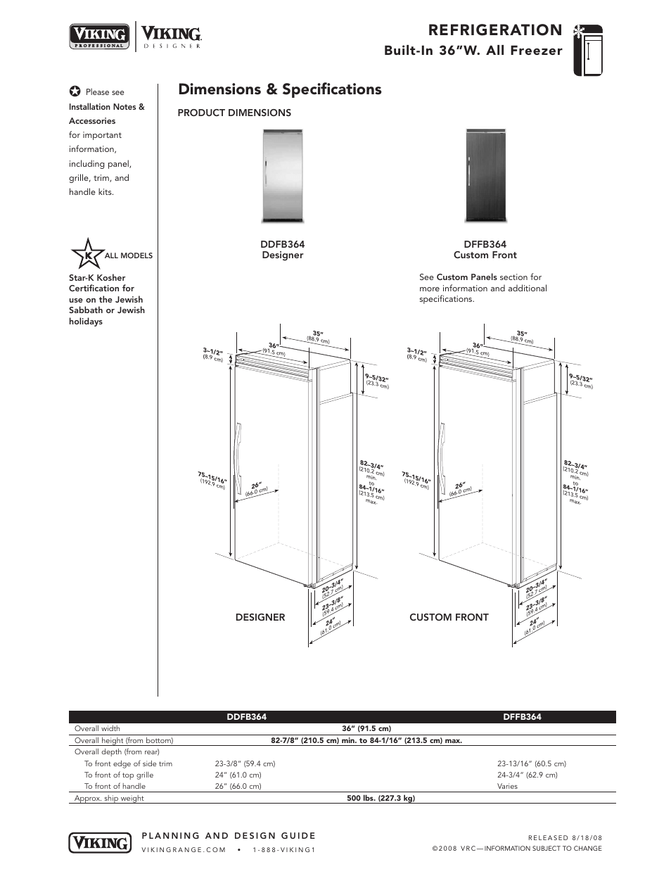 Refrigeration, Dimensions & specifications, Built-in 36”w. all freezer | Product dimensions, Designer | Viking DFFB364 User Manual | Page 3 / 10