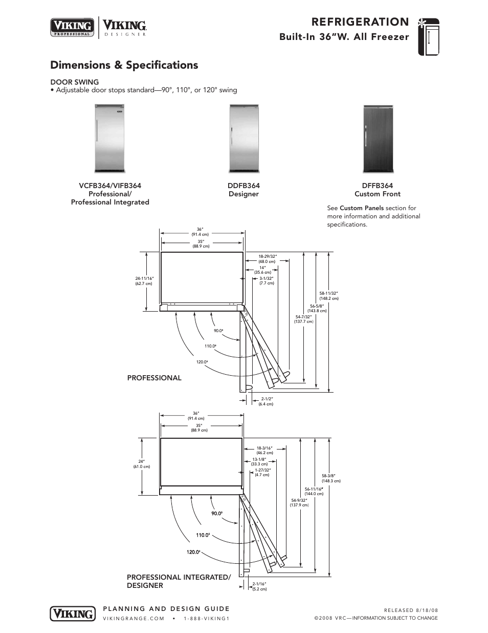 Refrigeration, Dimensions & specifications, Built-in 36”w. all freezer | Dffb364 custom front, Professional professional integrated/ designer | Viking DFFB364 User Manual | Page 4 / 10