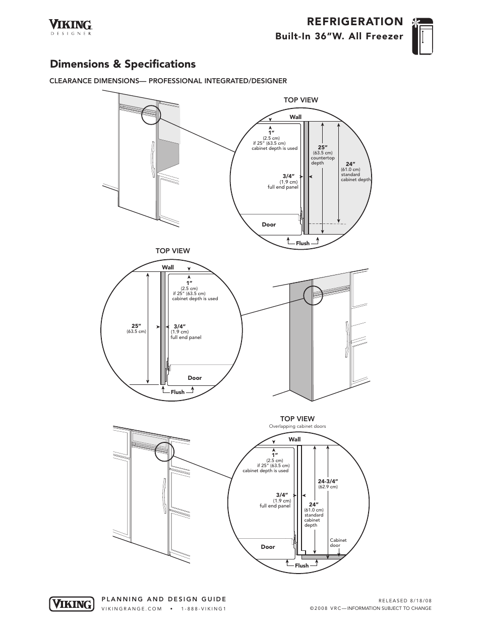Refrigeration, Dimensions & specifications, Built-in 36”w. all freezer | Top view | Viking DFFB364 User Manual | Page 6 / 10