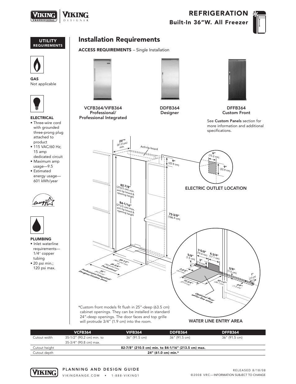 Refrigeration, Installation requirements, Built-in 36”w. all freezer | Utility | Viking DFFB364 User Manual | Page 7 / 10
