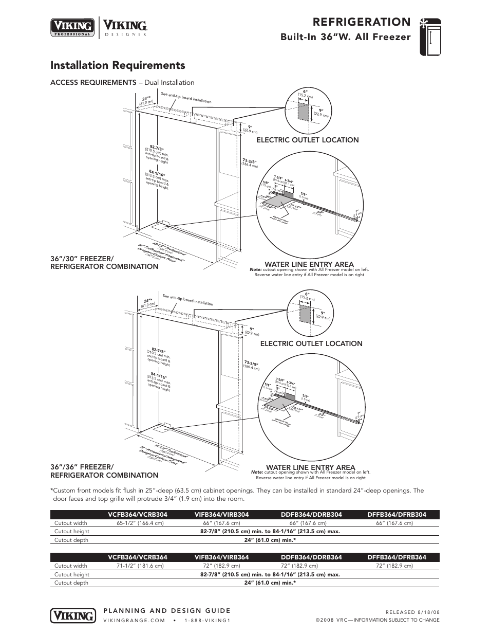 Refrigeration, Installation requirements, Built-in 36”w. all freezer | Electric outlet location water line entry area, Access requirements – dual installation | Viking DFFB364 User Manual | Page 8 / 10