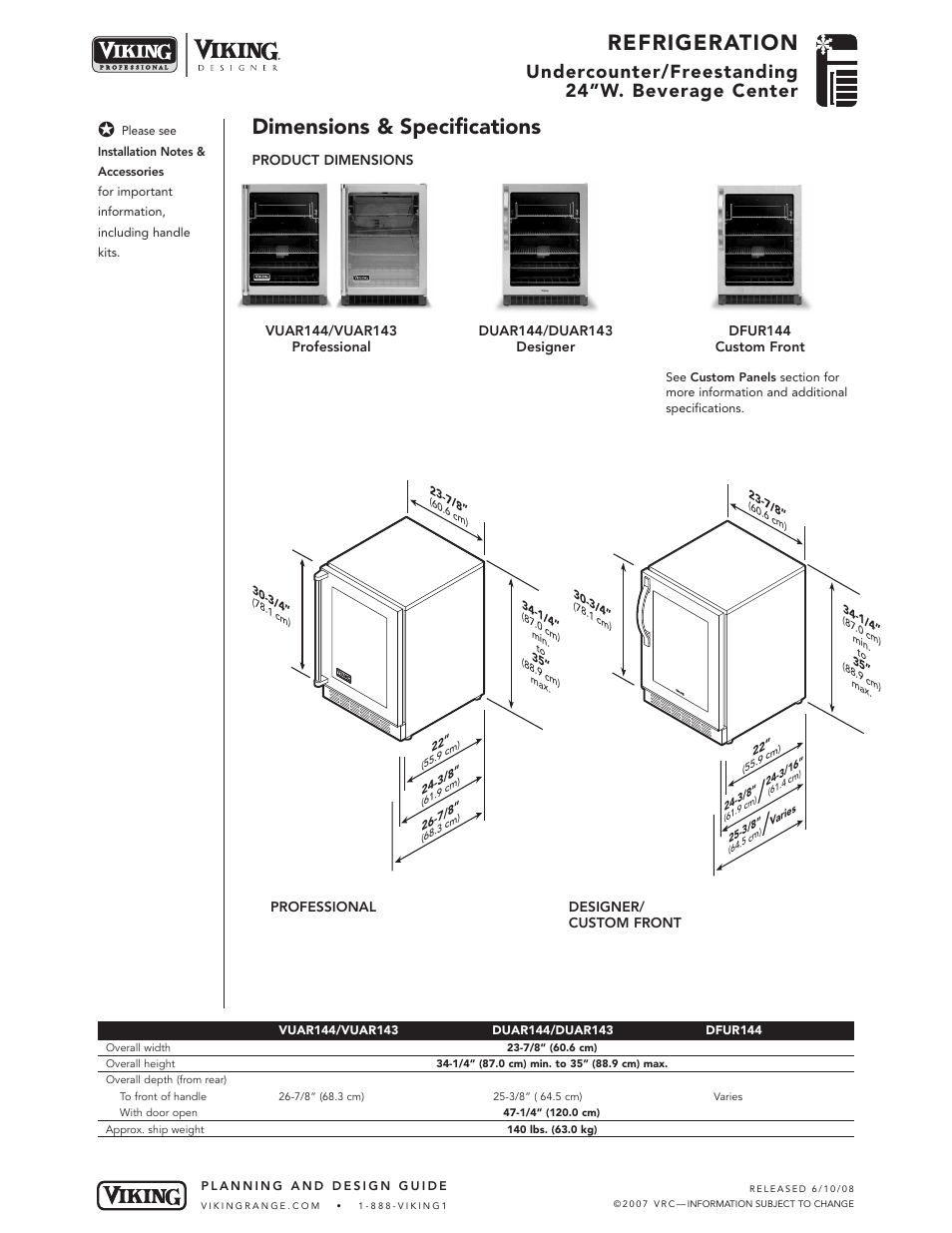 Refrigeration, Dimensions & specifications, Undercounter/freestanding 24”w. beverage center | Viking Designer DUAR144/DUAR143 User Manual | Page 2 / 5