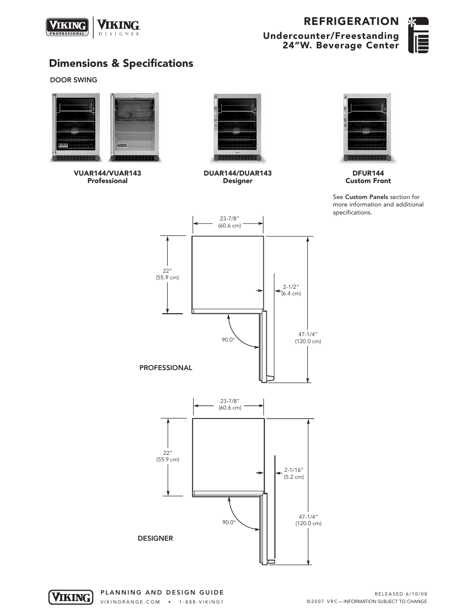 Refrigeration, Dimensions & specifications, Undercounter/freestanding 24”w. beverage center | Viking Designer DUAR144/DUAR143 User Manual | Page 3 / 5
