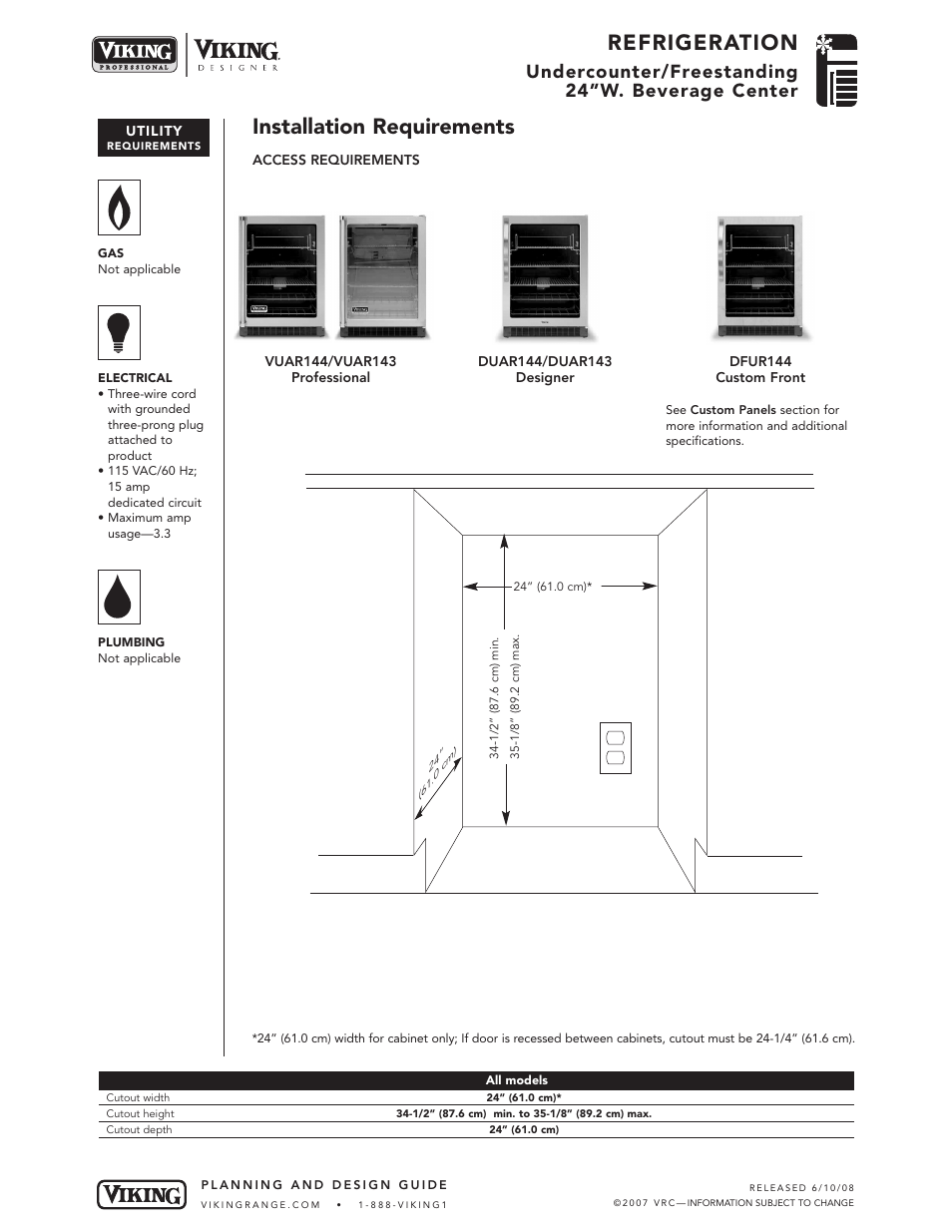 Refrigeration, Installation requirements, Undercounter/freestanding 24”w. beverage center | Viking Designer DUAR144/DUAR143 User Manual | Page 4 / 5