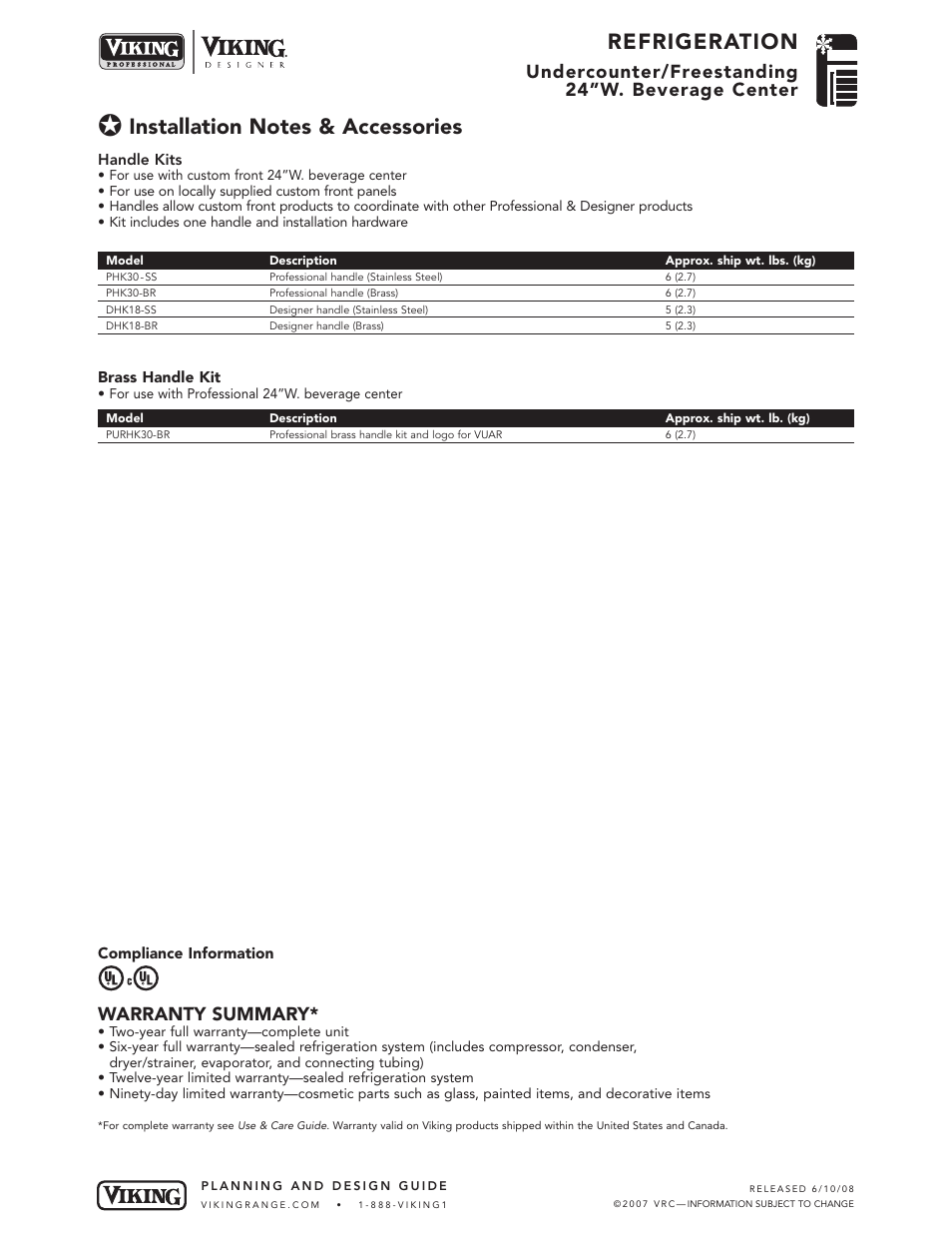 Refrigeration, Undercounter/freestanding 24”w. beverage center, Warranty summary | Viking Designer DUAR144/DUAR143 User Manual | Page 5 / 5