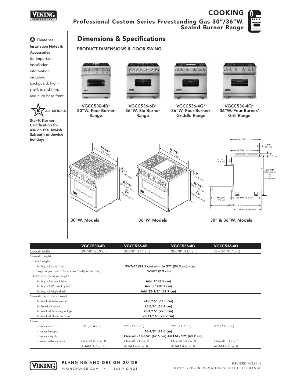 Cooking, Dimensions & specifications, Product dimensions & door swing | Viking VGCC536-4Q* User Manual | Page 2 / 6