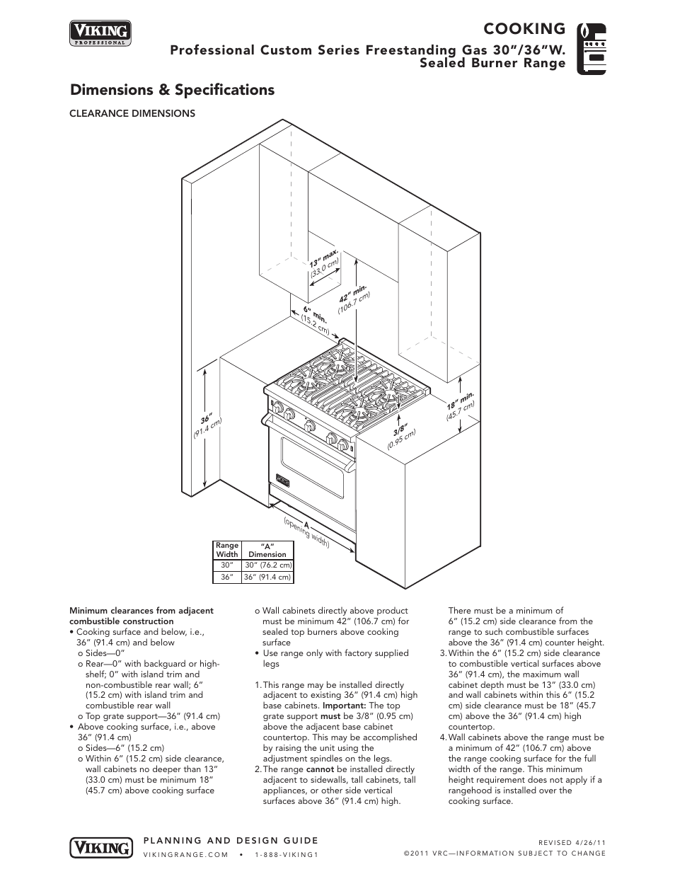 Cooking, Dimensions & specifications | Viking VGCC536-4Q* User Manual | Page 3 / 6