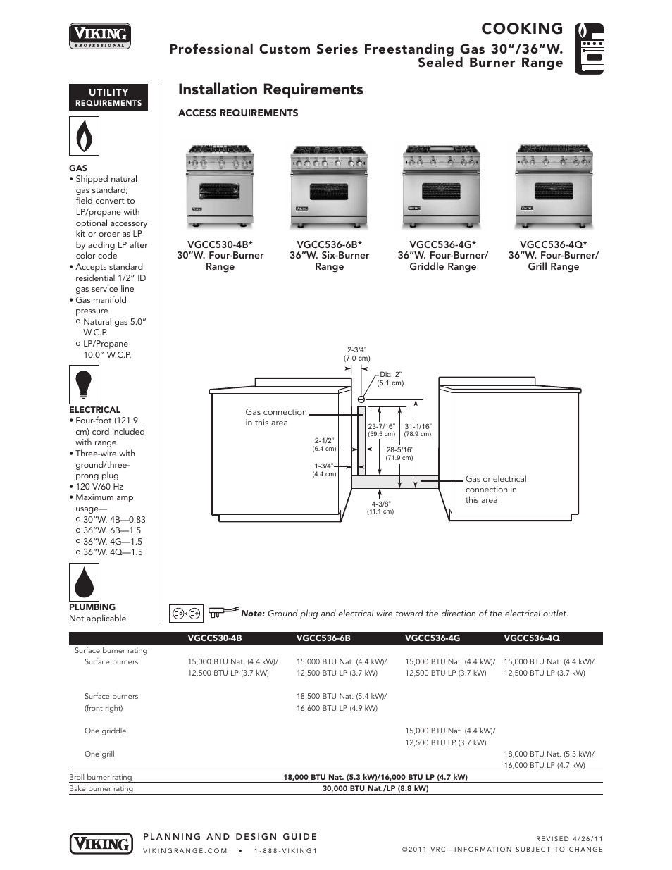 Cooking, Installation requirements | Viking VGCC536-4Q* User Manual | Page 4 / 6