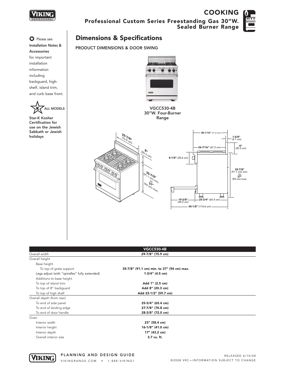 Cooking, Dimensions & specifications, Product dimensions & door swing | Viking VGCC530-4B User Manual | Page 2 / 6