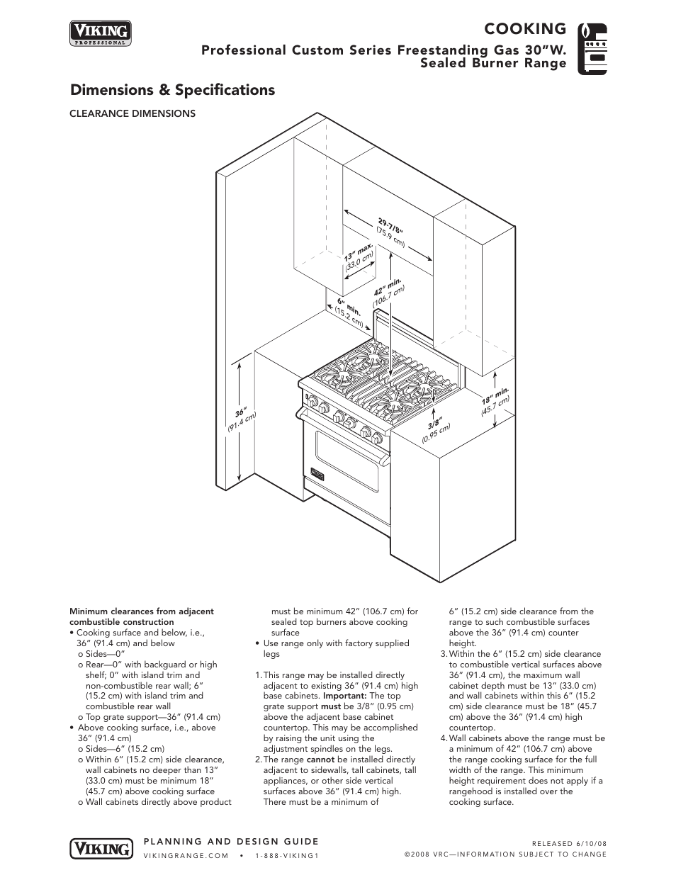 Cooking, Dimensions & specifications | Viking VGCC530-4B User Manual | Page 3 / 6