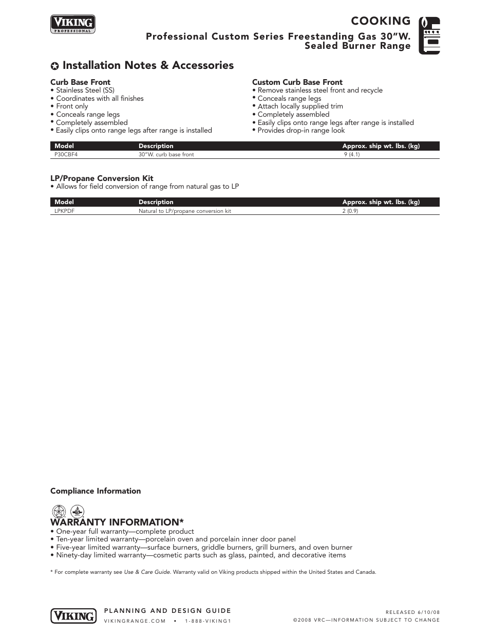 Cooking, Warranty information | Viking VGCC530-4B User Manual | Page 6 / 6