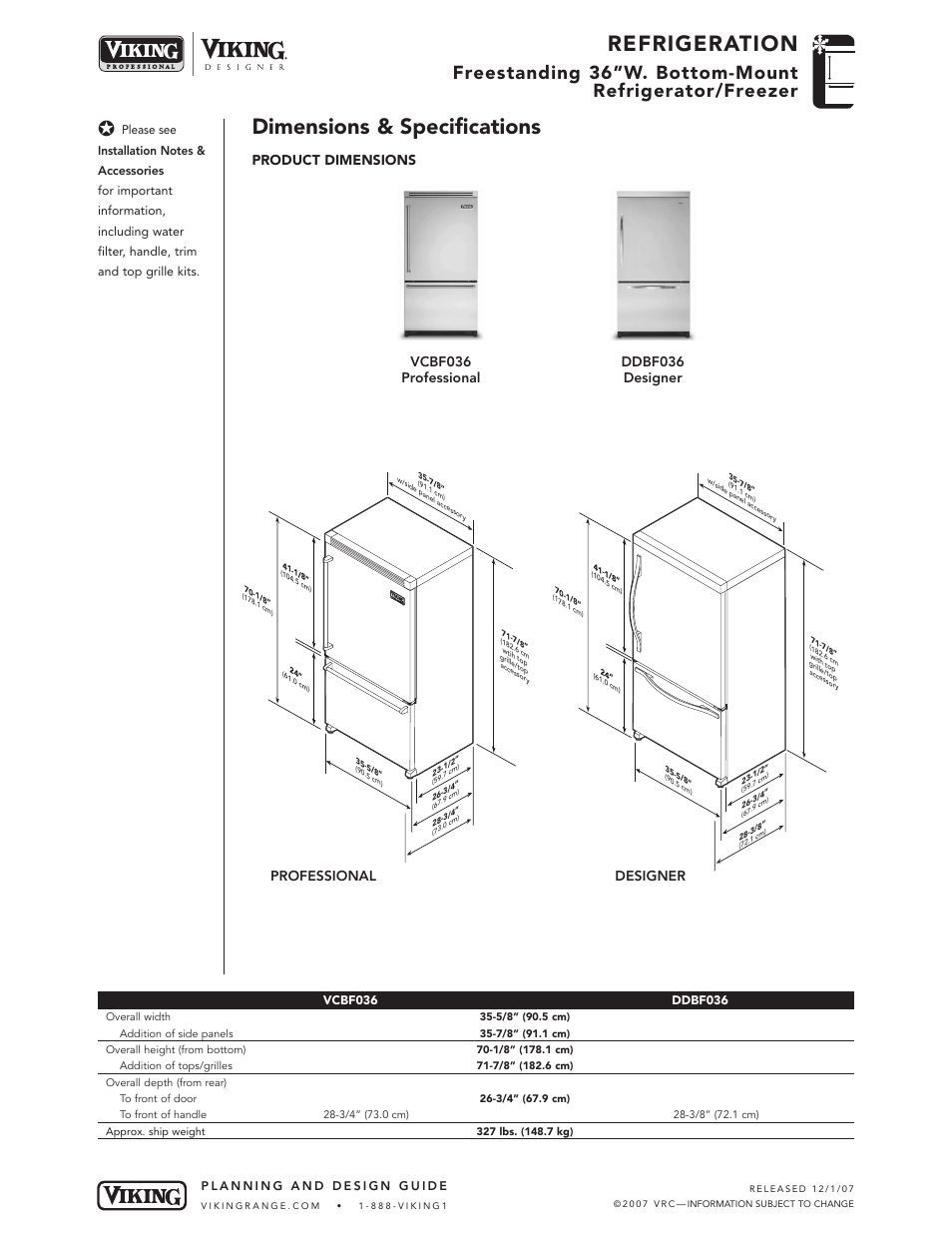 Refrigeration, Dimensions & specifications, Professional designer | Viking DDBF036* User Manual | Page 2 / 5