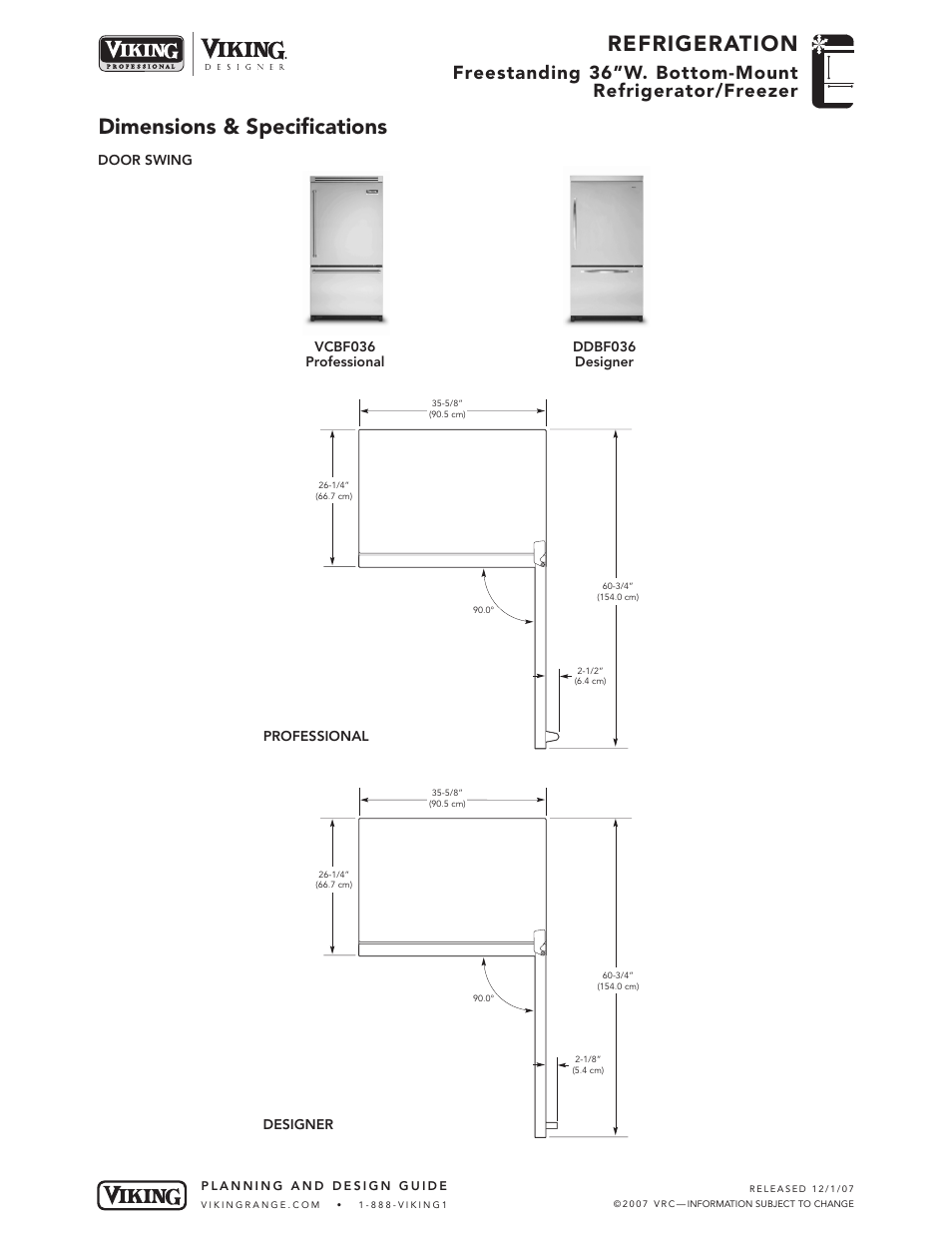 Refrigeration, Dimensions & specifications | Viking DDBF036* User Manual | Page 3 / 5