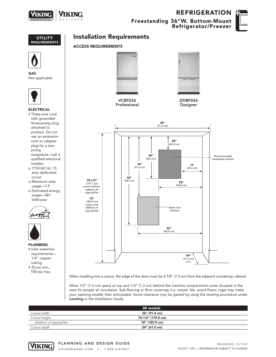 Refrigeration, Installation requirements | Viking DDBF036* User Manual | Page 4 / 5