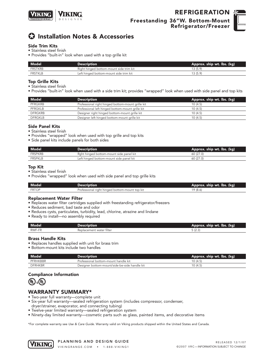 Refrigeration, Warranty summary | Viking DDBF036* User Manual | Page 5 / 5