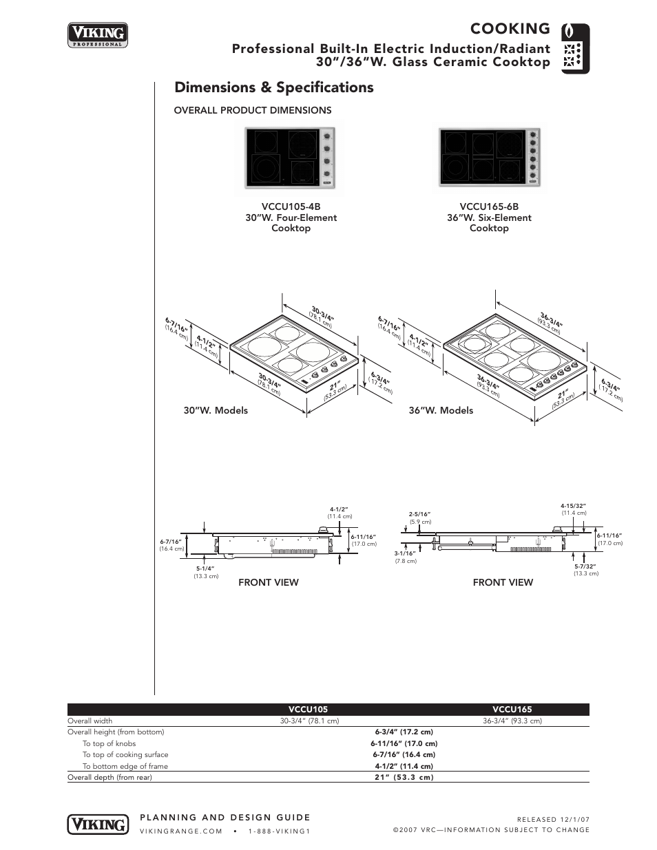 Cooking, Dimensions & specifications, Front view | Viking VCCU105-4B User Manual | Page 2 / 5