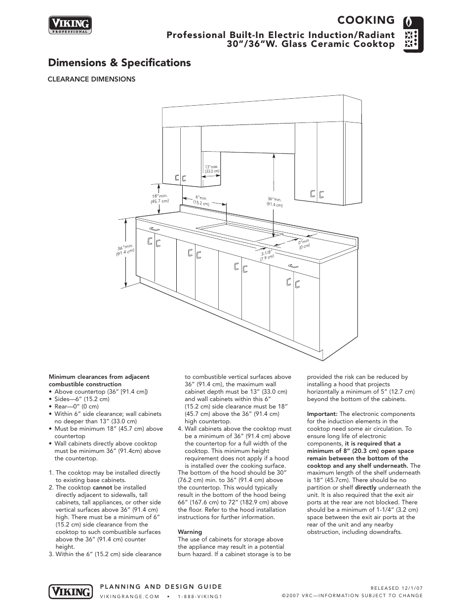 Cooking, Dimensions & specifications | Viking VCCU105-4B User Manual | Page 3 / 5