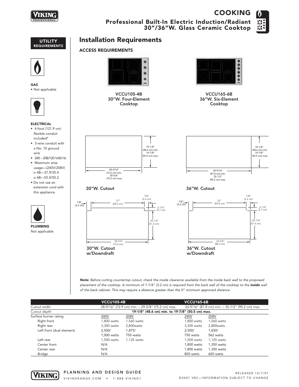 Cooking, Installation requirements, Utility | Access requirements | Viking VCCU105-4B User Manual | Page 4 / 5