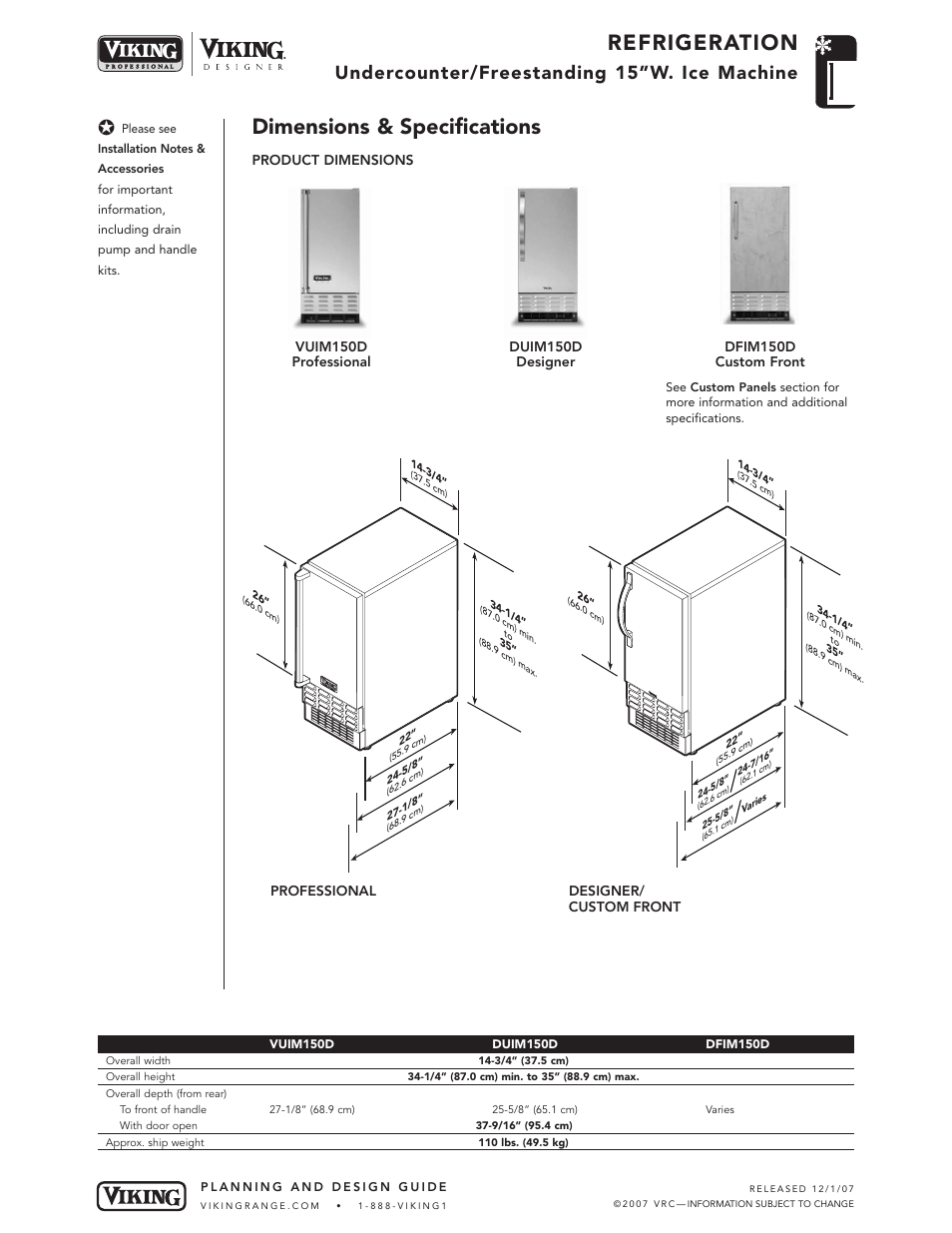 Refrigeration, Dimensions & specifications, Undercounter/freestanding 15”w. ice machine | Viking VUIM150D User Manual | Page 2 / 5