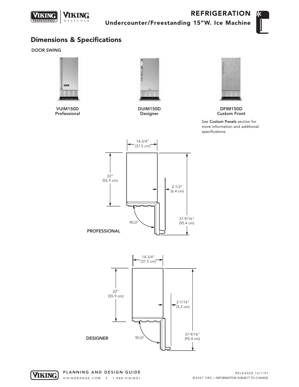 Dimensions & specifications, Refrigeration, Undercounter/freestanding 15”w. ice machine | Viking VUIM150D User Manual | Page 3 / 5