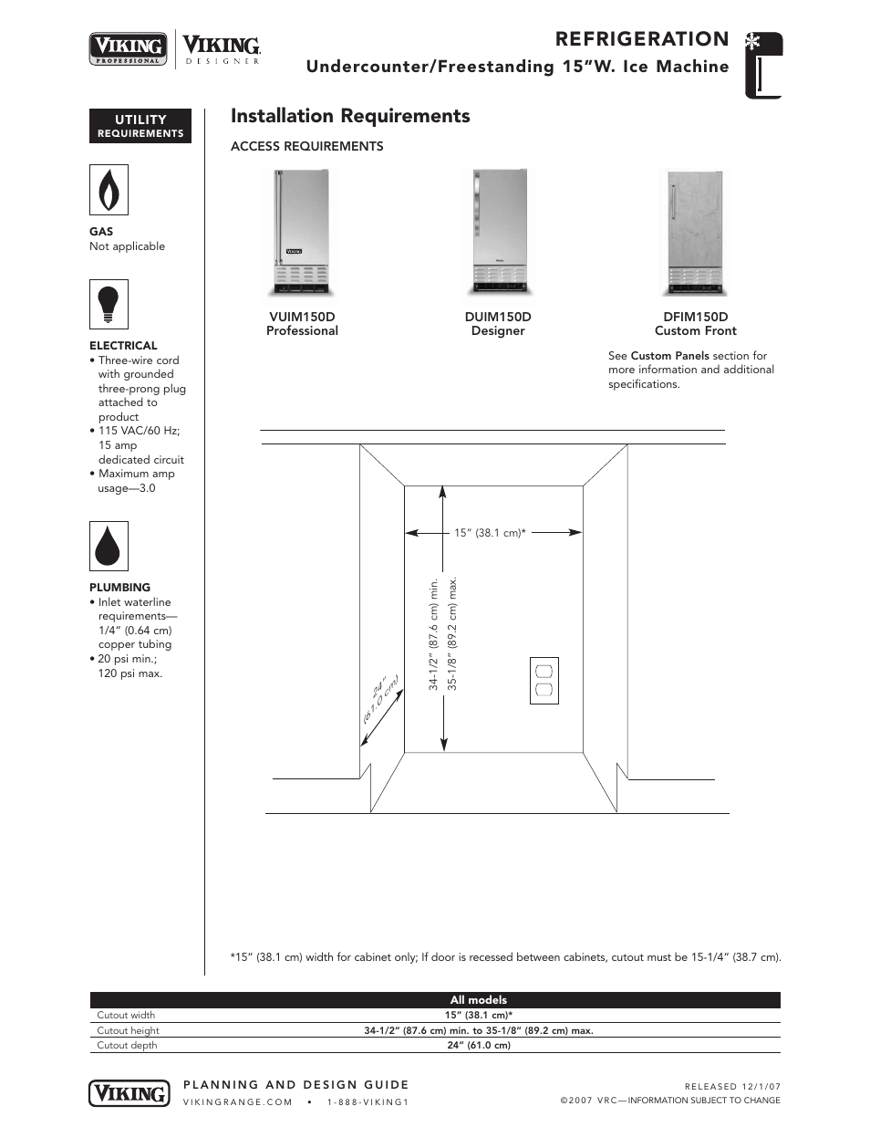 Refrigeration, Installation requirements, Undercounter/freestanding 15”w. ice machine | Viking VUIM150D User Manual | Page 4 / 5