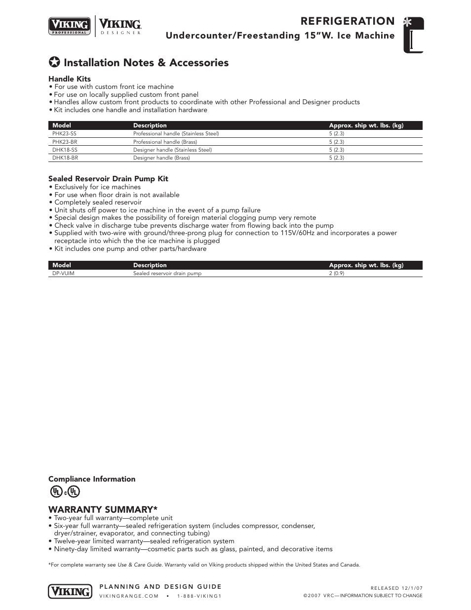 Refrigeration, Undercounter/freestanding 15”w. ice machine, Warranty summary | Viking VUIM150D User Manual | Page 5 / 5