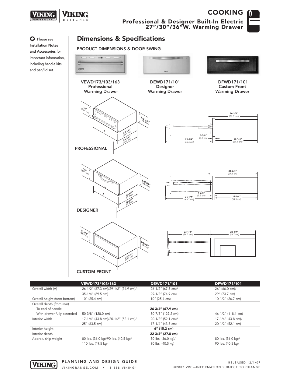 Cooking, Dimensions & specifications, Product dimensions & door swing | Professional designer custom front | Viking VEWD173 User Manual | Page 2 / 4