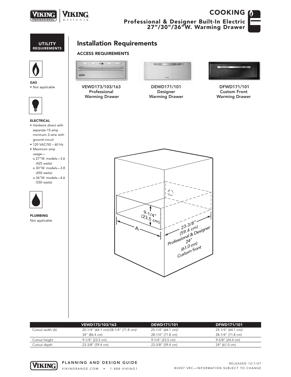 Cooking, Installation requirements | Viking VEWD173 User Manual | Page 3 / 4