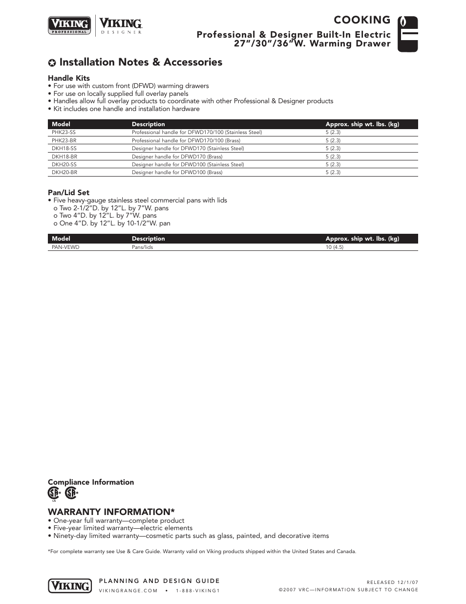Cooking, Warranty information | Viking VEWD173 User Manual | Page 4 / 4