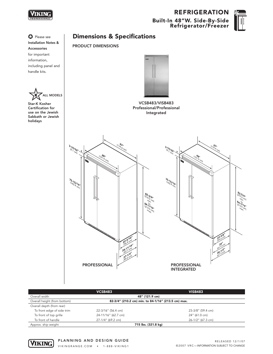 Refrigeration, Dimensions & specifications, Built-in 48”w. side-by-side refrigerator/freezer | Product dimensions | Viking VCSB483 User Manual | Page 2 / 8
