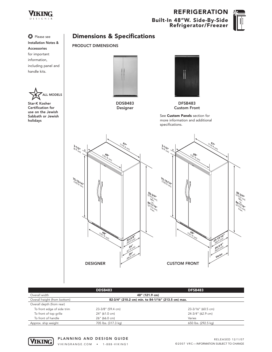 Refrigeration, Dimensions & specifications, Built-in 48”w. side-by-side refrigerator/freezer | Custom front, Product dimensions | Viking VCSB483 User Manual | Page 3 / 8