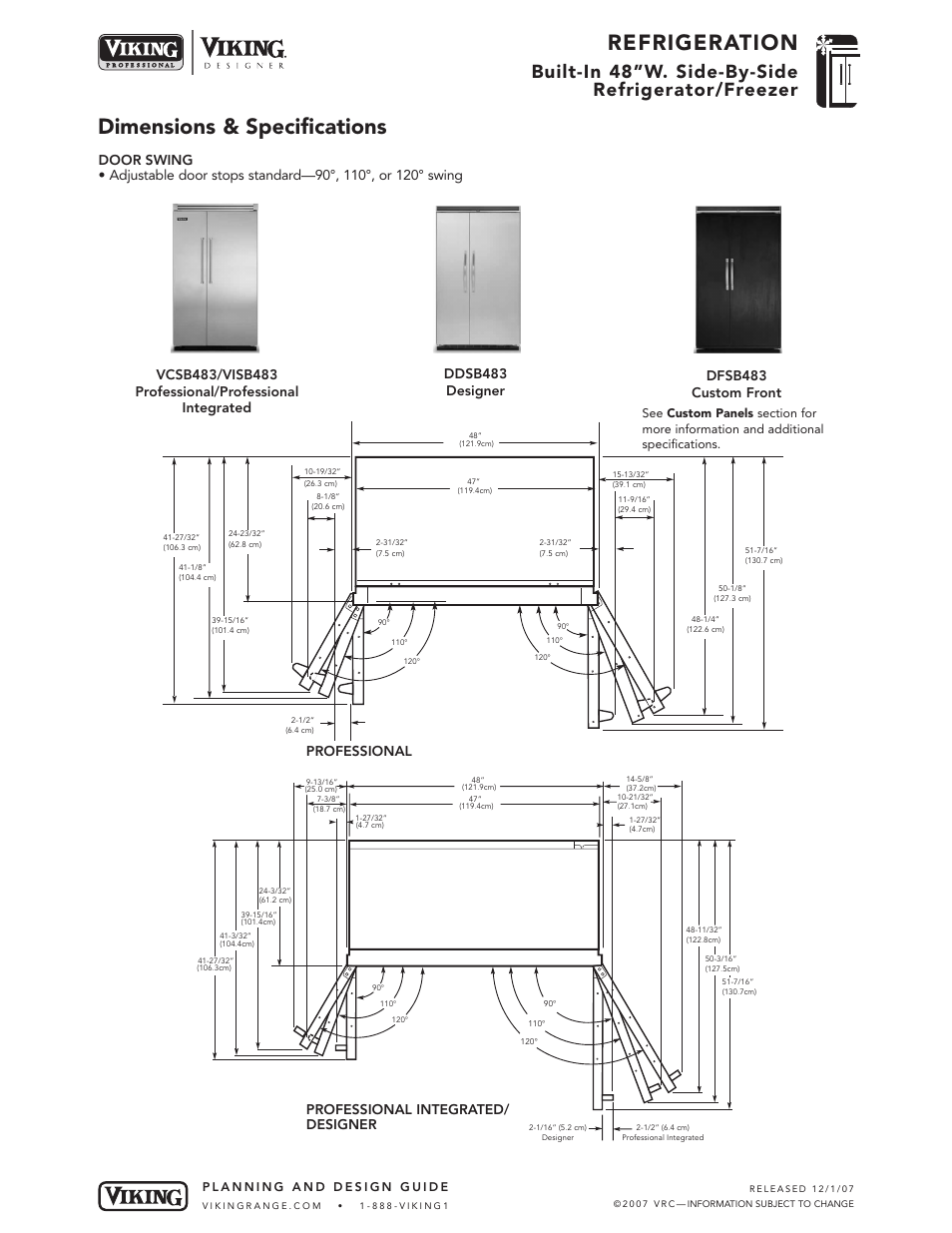 Refrigeration, Dimensions & specifications, Built-in 48”w. side-by-side refrigerator/freezer | Professional integrated/ designer professional | Viking VCSB483 User Manual | Page 4 / 8