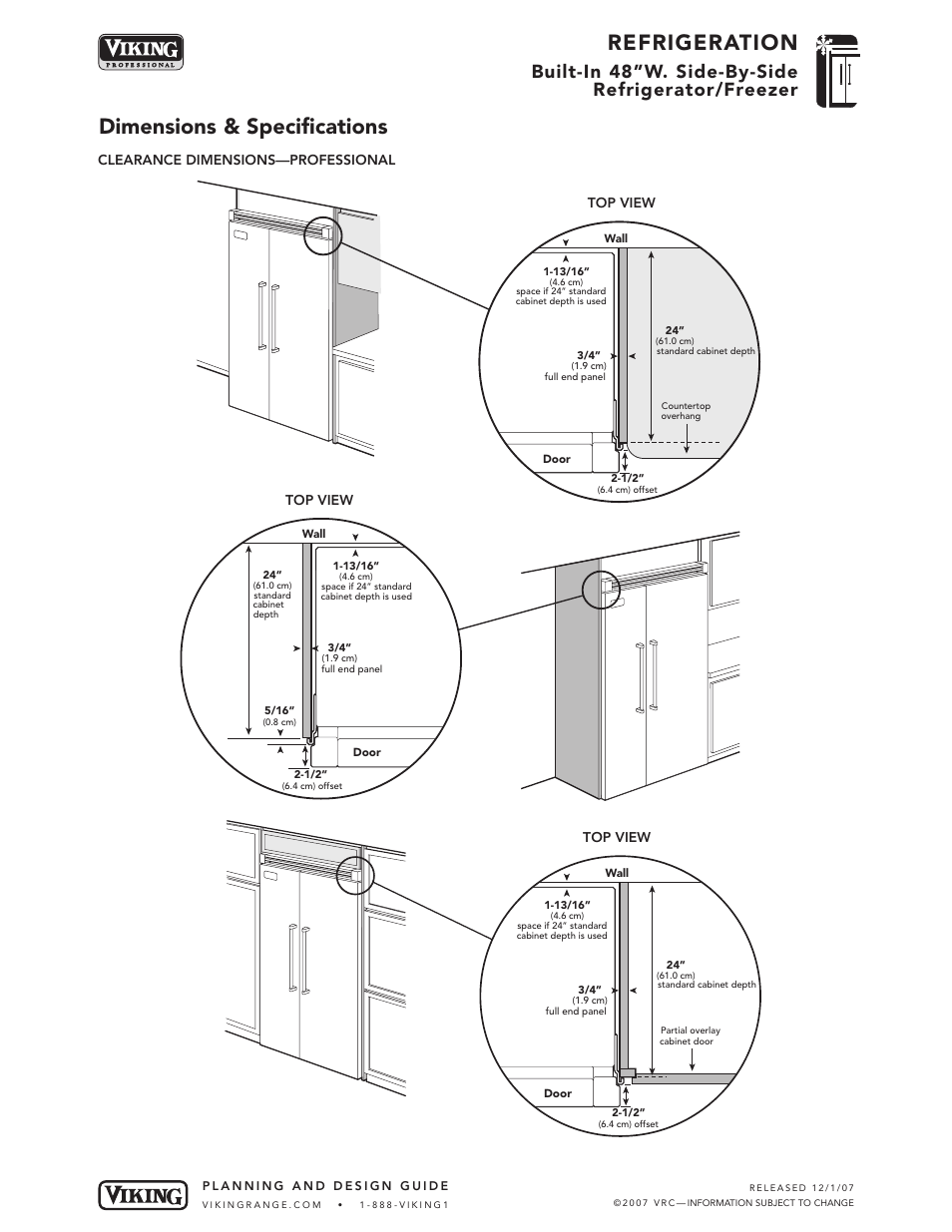 Refrigeration, Dimensions & specifications, Built-in 48”w. side-by-side refrigerator/freezer | Viking VCSB483 User Manual | Page 5 / 8