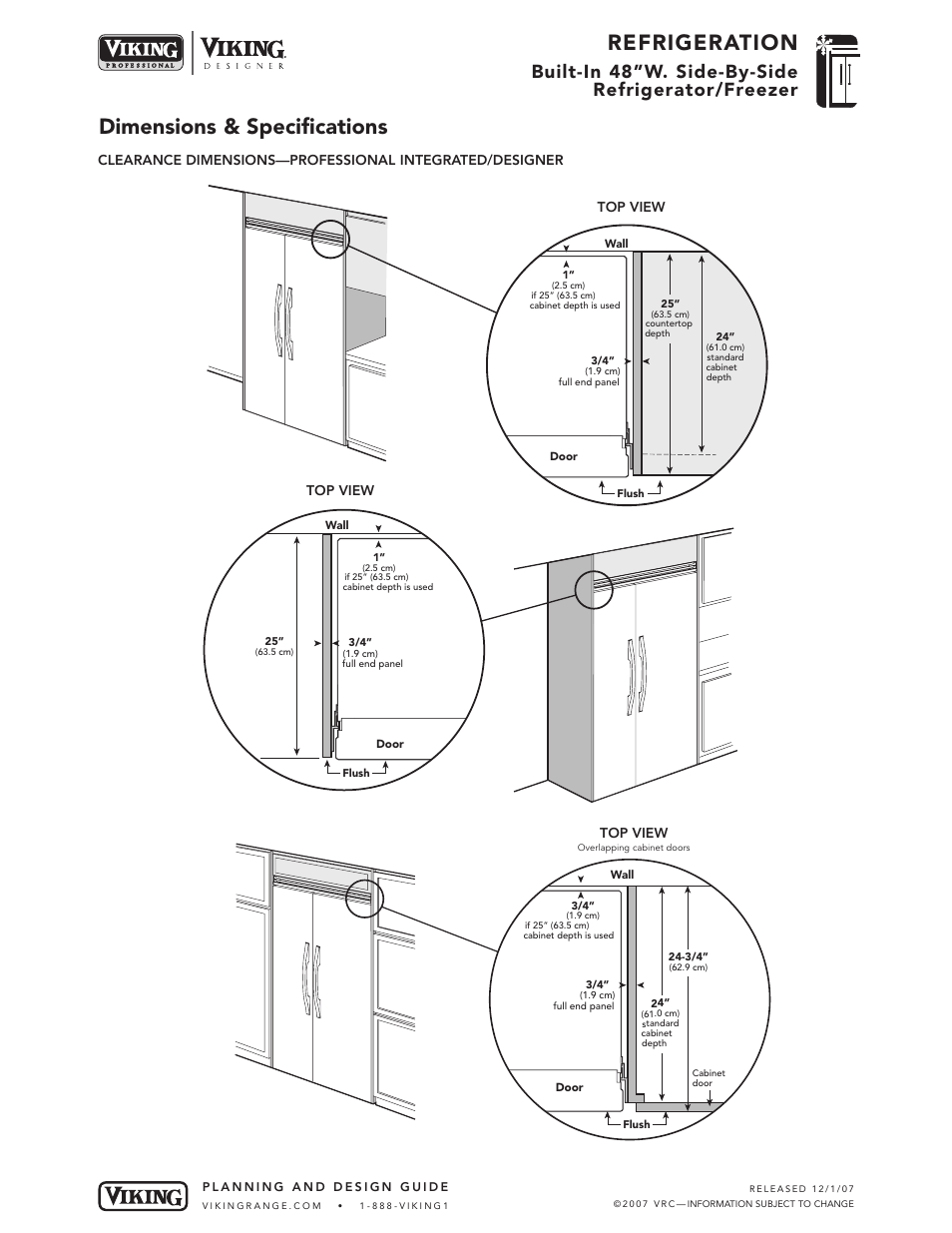 Refrigeration, Dimensions & specifications, Built-in 48”w. side-by-side refrigerator/freezer | Viking VCSB483 User Manual | Page 6 / 8