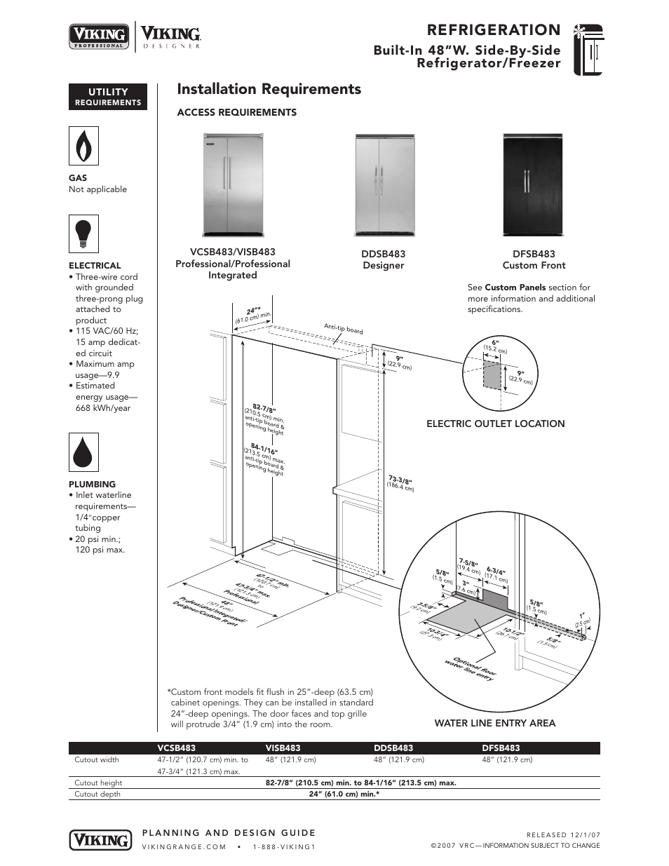 Refrigeration, Installation requirements, Built-in 48”w. side-by-side refrigerator/freezer | Utility, Access requirements | Viking VCSB483 User Manual | Page 7 / 8