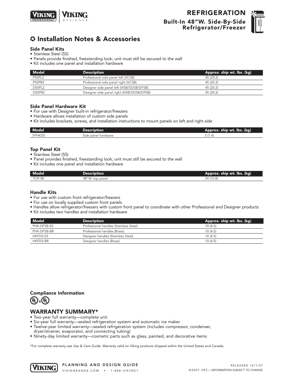 Refrigeration, Built-in 48”w. side-by-side refrigerator/freezer, Warranty summary | Viking VCSB483 User Manual | Page 8 / 8