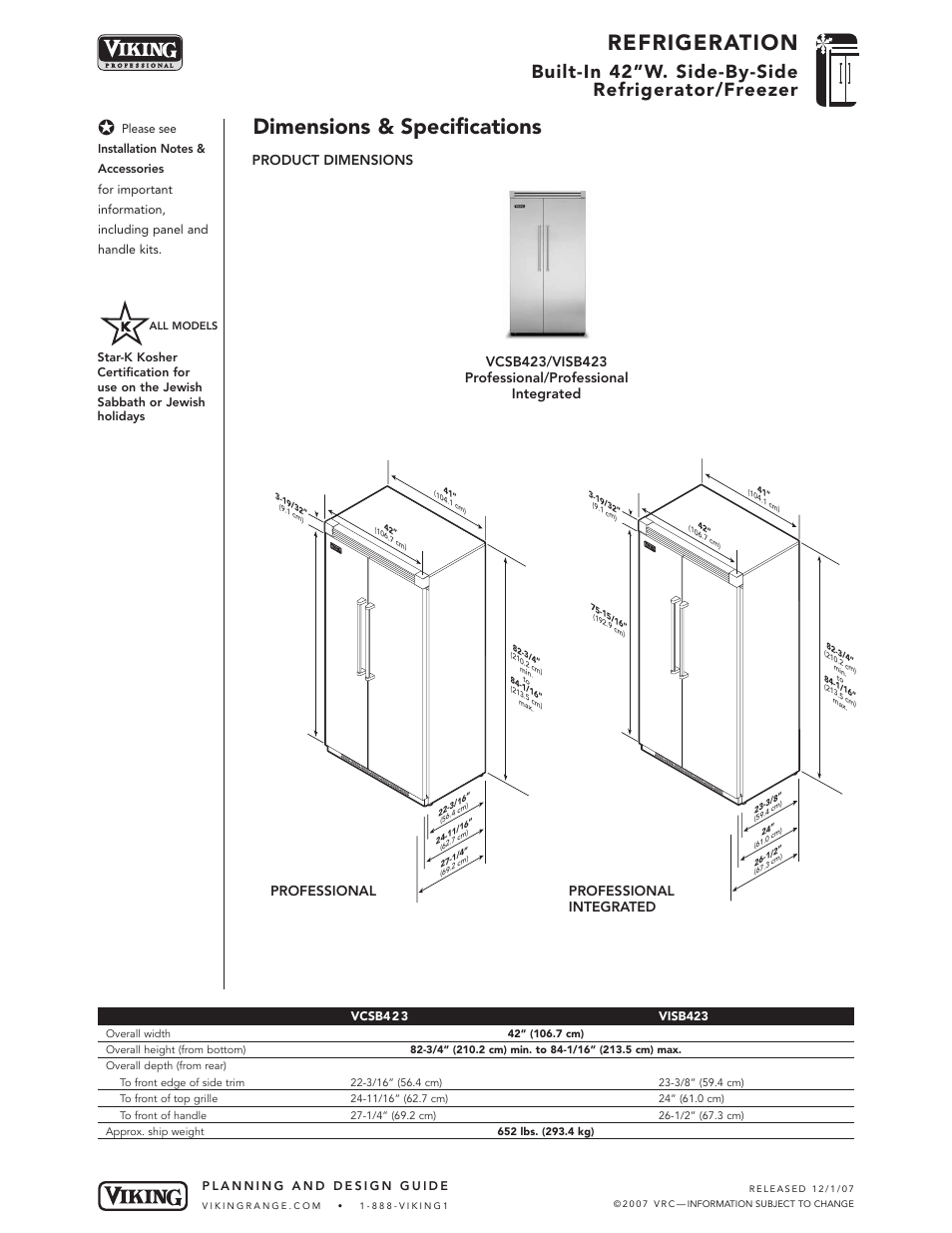 Refrigeration, Dimensions & specifications, Built-in 42”w. side-by-side refrigerator/freezer | Professional integrated, Product dimensions professional | Viking DFSB423 User Manual | Page 2 / 8