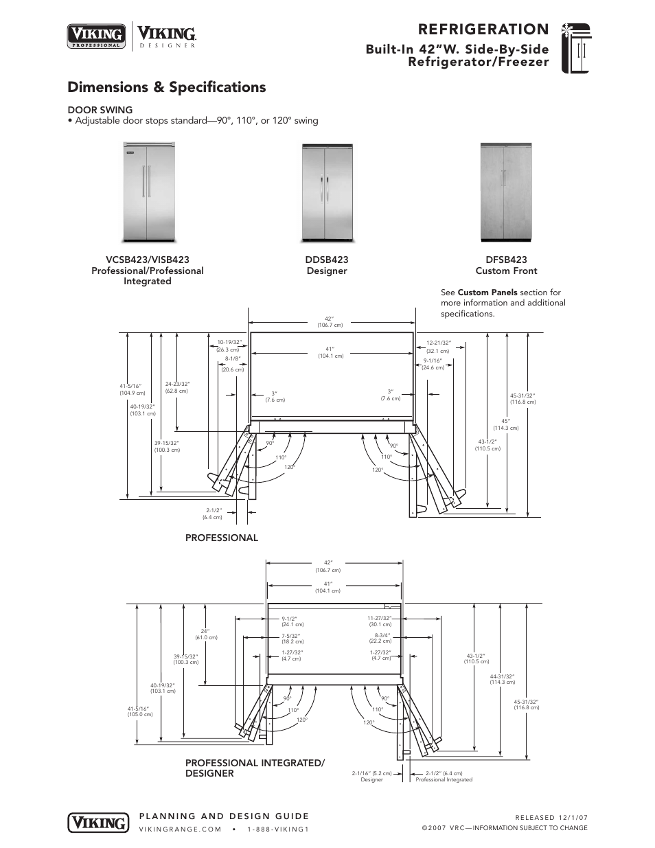 Refrigeration, Dimensions & specifications, Built-in 42”w. side-by-side refrigerator/freezer | Professional, Professional integrated/ designer | Viking DFSB423 User Manual | Page 4 / 8