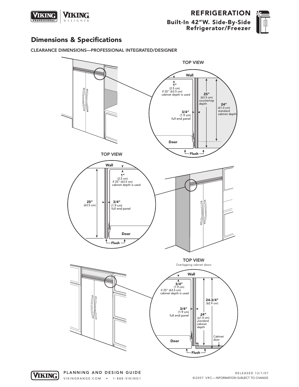 Refrigeration, Dimensions & specifications, Built-in 42”w. side-by-side refrigerator/freezer | Viking DFSB423 User Manual | Page 6 / 8