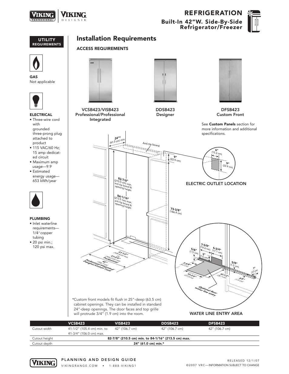 Refrigeration, Installation requirements, Built-in 42”w. side-by-side refrigerator/freezer | Utility, Access requirements, Electric outlet location water line entry area | Viking DFSB423 User Manual | Page 7 / 8