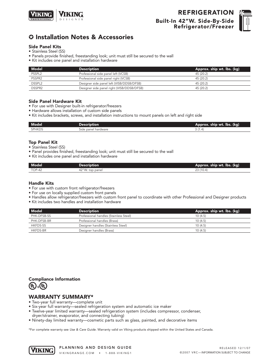 Refrigeration, Warranty summary, Built-in 42”w. side-by-side refrigerator/freezer | Viking DFSB423 User Manual | Page 8 / 8